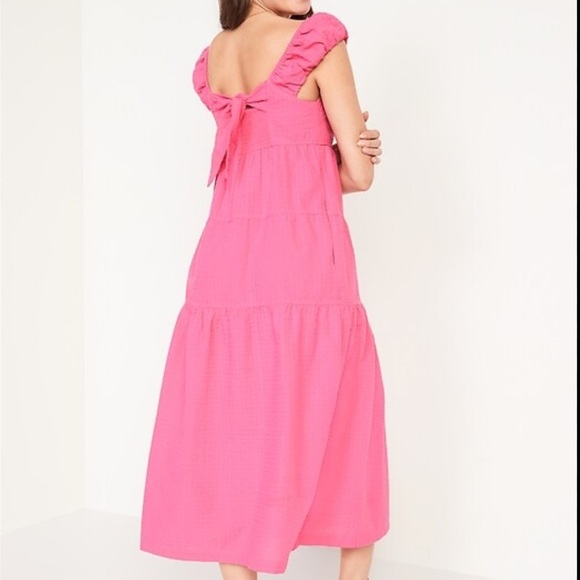 Old Navy Fit & Flare Black Midi Dress Seersucker Tie Back Small - Picture 2 of 7